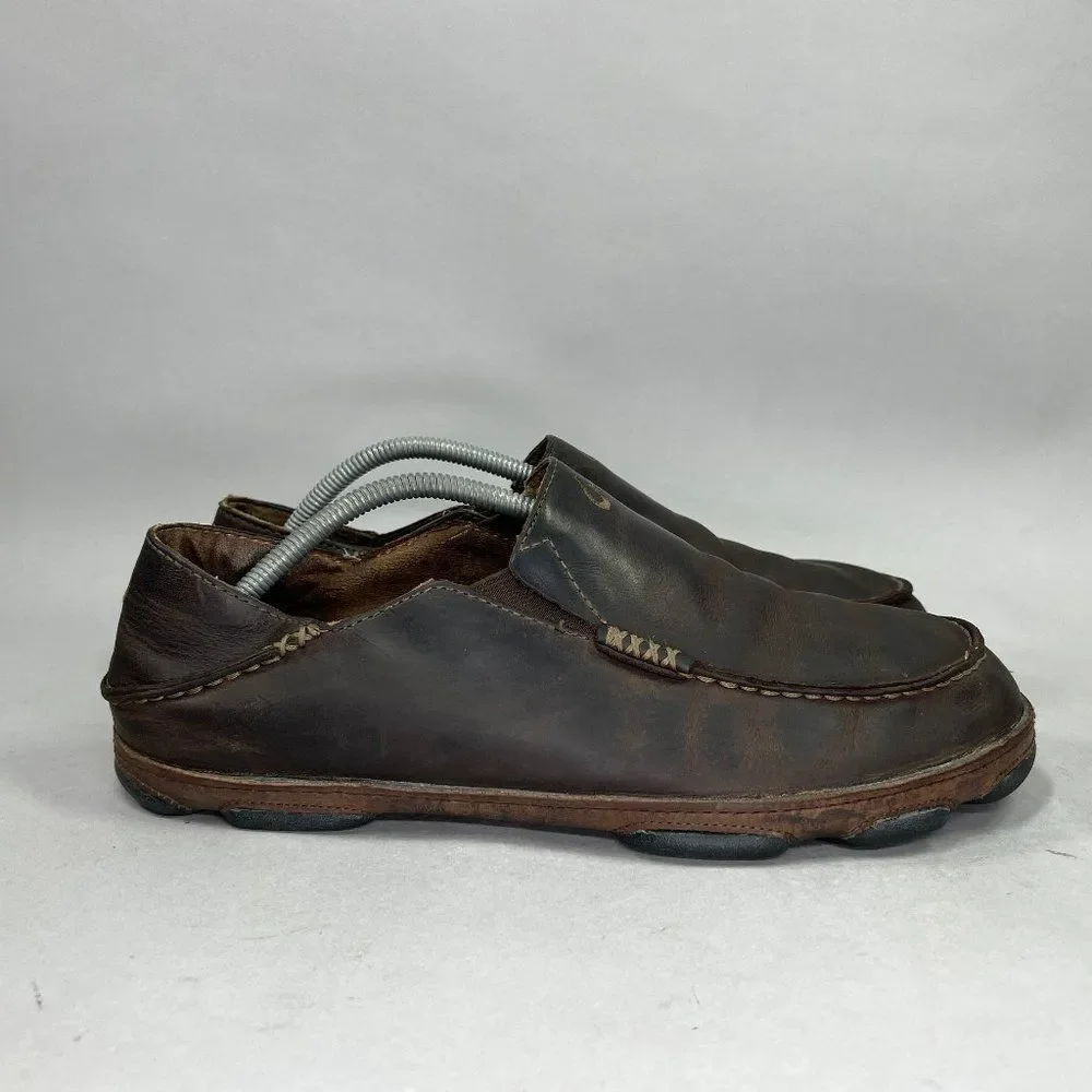 Olukai Moloa‎ Shoes Men's Size 10.5 Brown Leather Comfort Casual Slip On Loafers